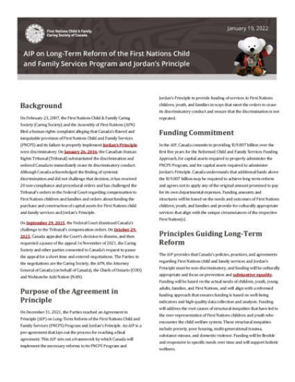 AIP on long-term reform of the First Nations Child and Family Services Program and Jordan's Principle